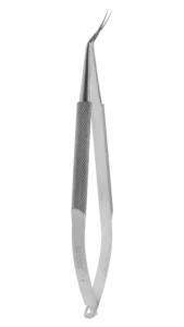 Capsulorhexis Forceps, Curved Thin Shaft, Cross-Action, Round Knurled Handle