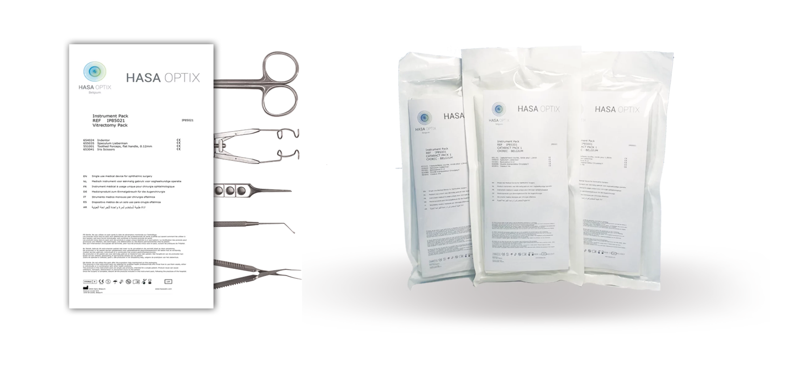 eye surgery instruments in pre-packed pouches